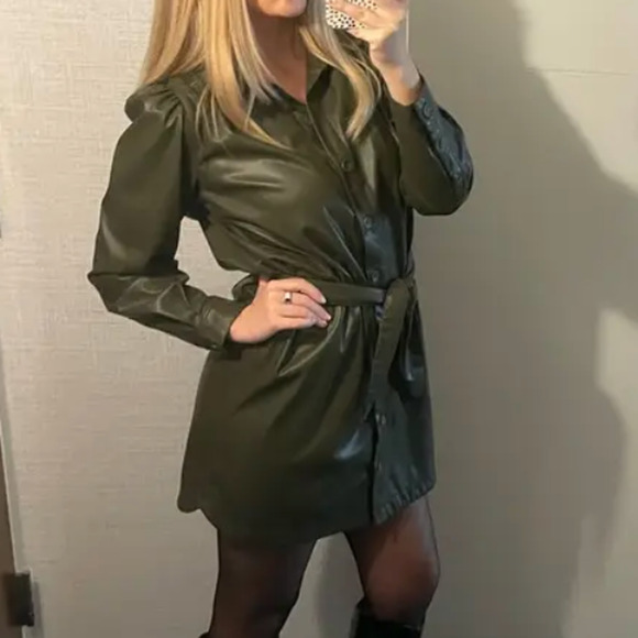 Peter Som Olive Green Faux Leather Mini Shirt Dress SIze 6 Career Designer $355 - Picture 9 of 13